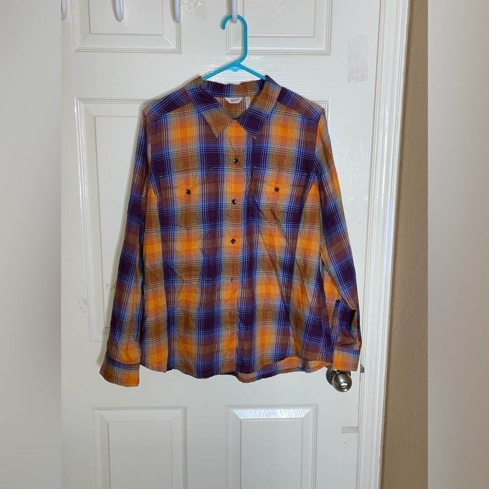 Woolrich Plaid Flannel Long Sleeve Shirt Purple /Orange/Blue Women’s Size XL - Picture 5 of 7